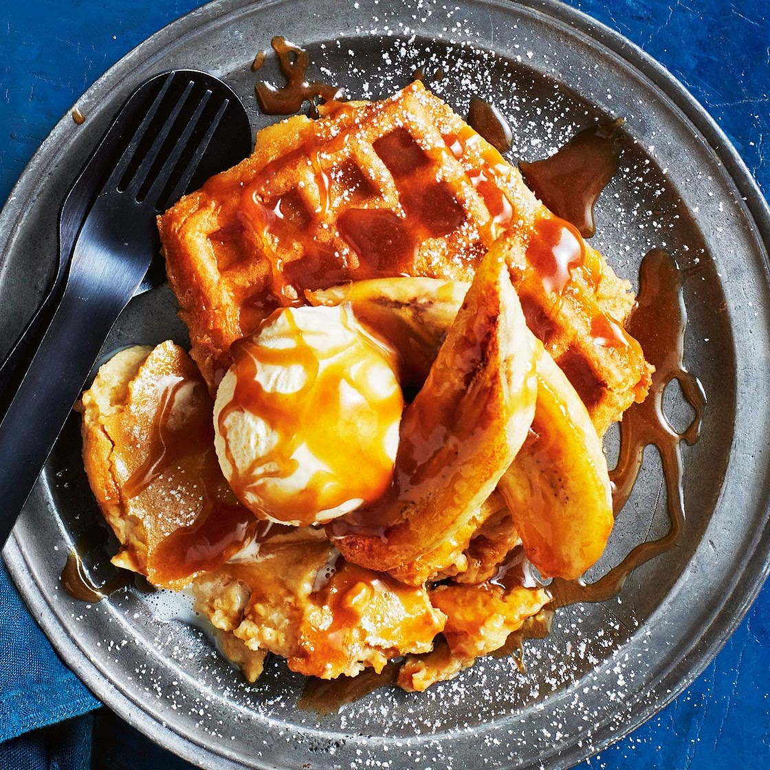Caramel custard waffle bake with bananas recipe