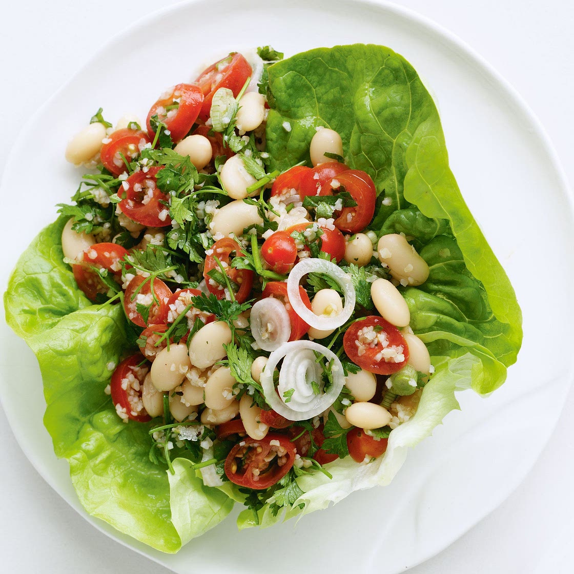 Burghul, tomato and bean salad in lettuce cups