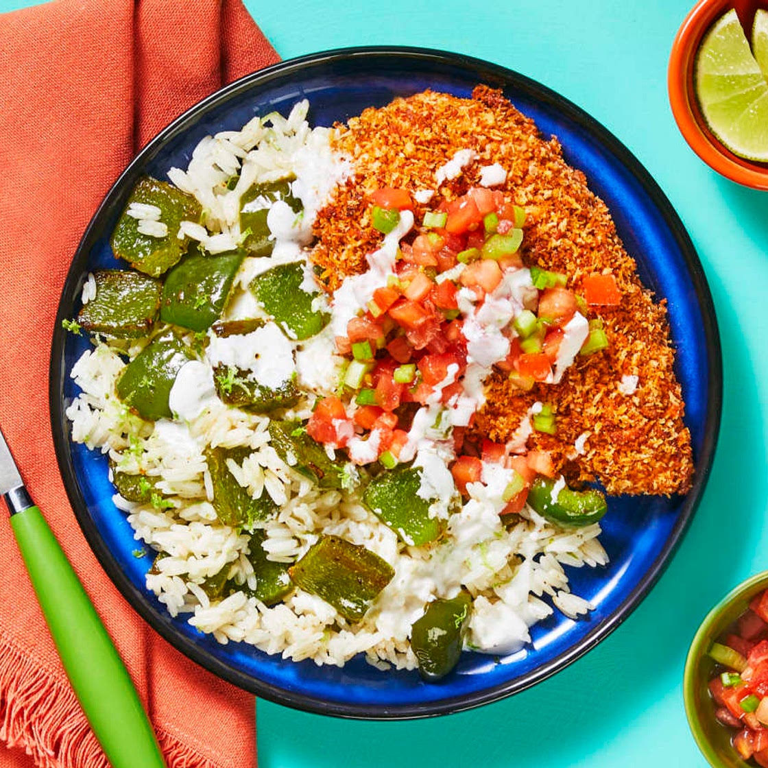 Nacho-Inspired Crispy Crust Chicken served with Bell Pepper Rice & Traditional Fixings