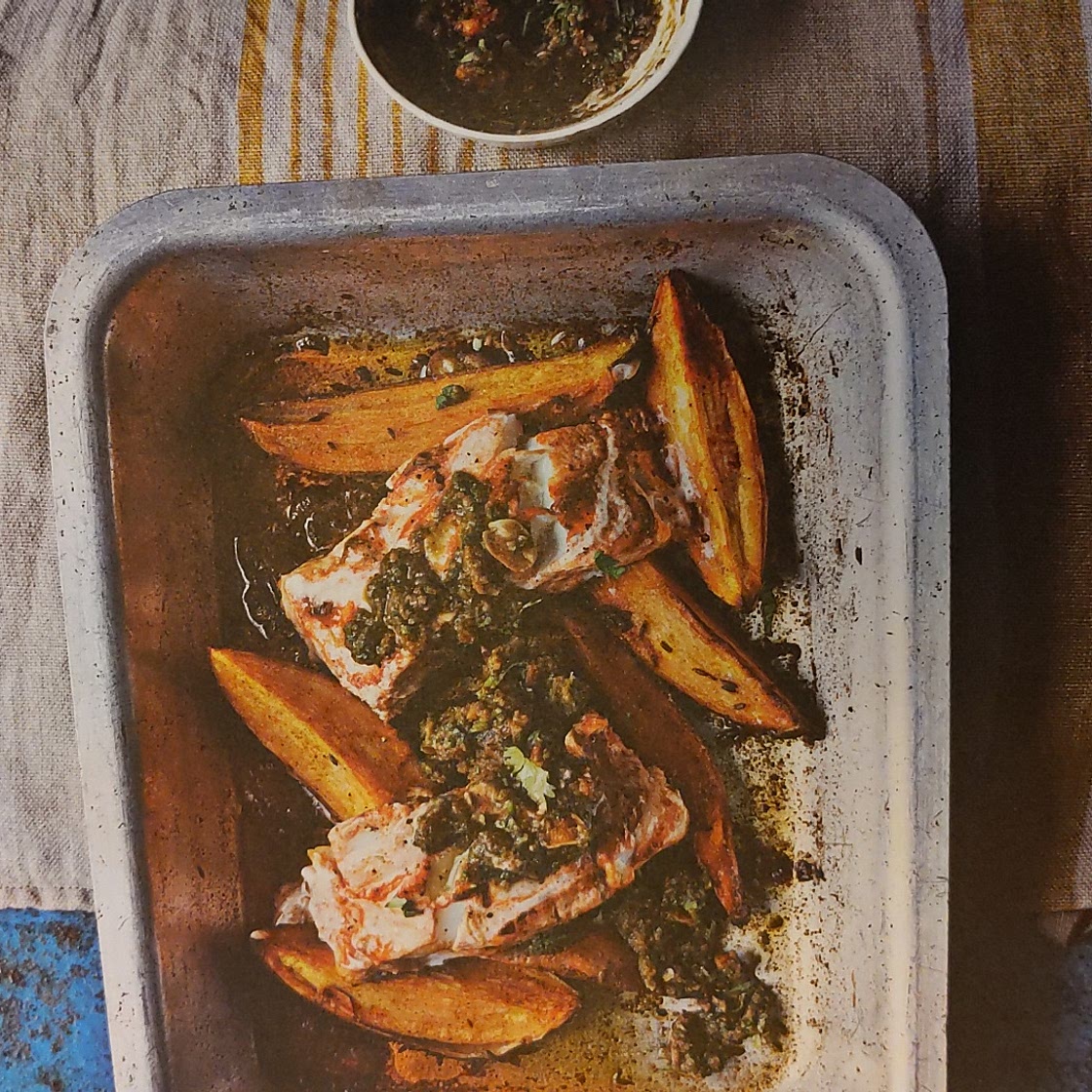YOGHURT-BAKED FISH WITH CHILLI SWEET POTATO AND PEANUT CHUTNEY