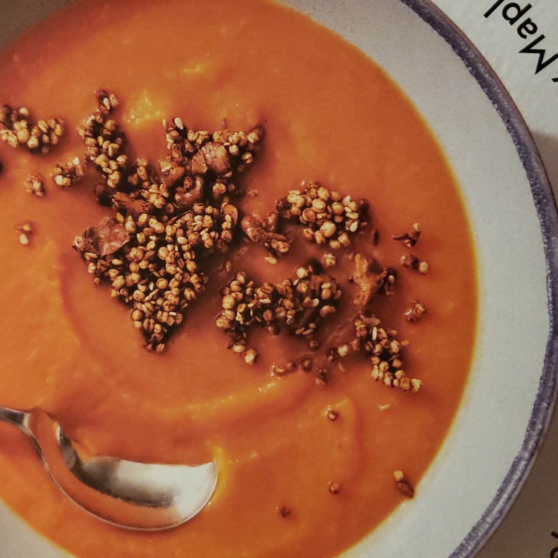 Sweet Potato & orange soup with spicy maple granola.