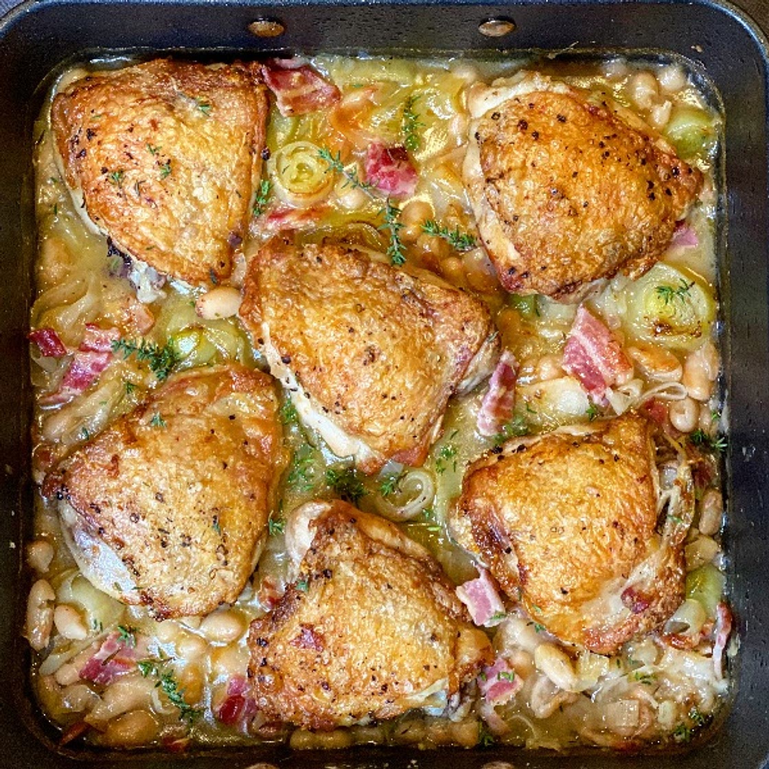 Chicken, Leek, Bacon and Bean Traybake - Anna's Family Kitchen