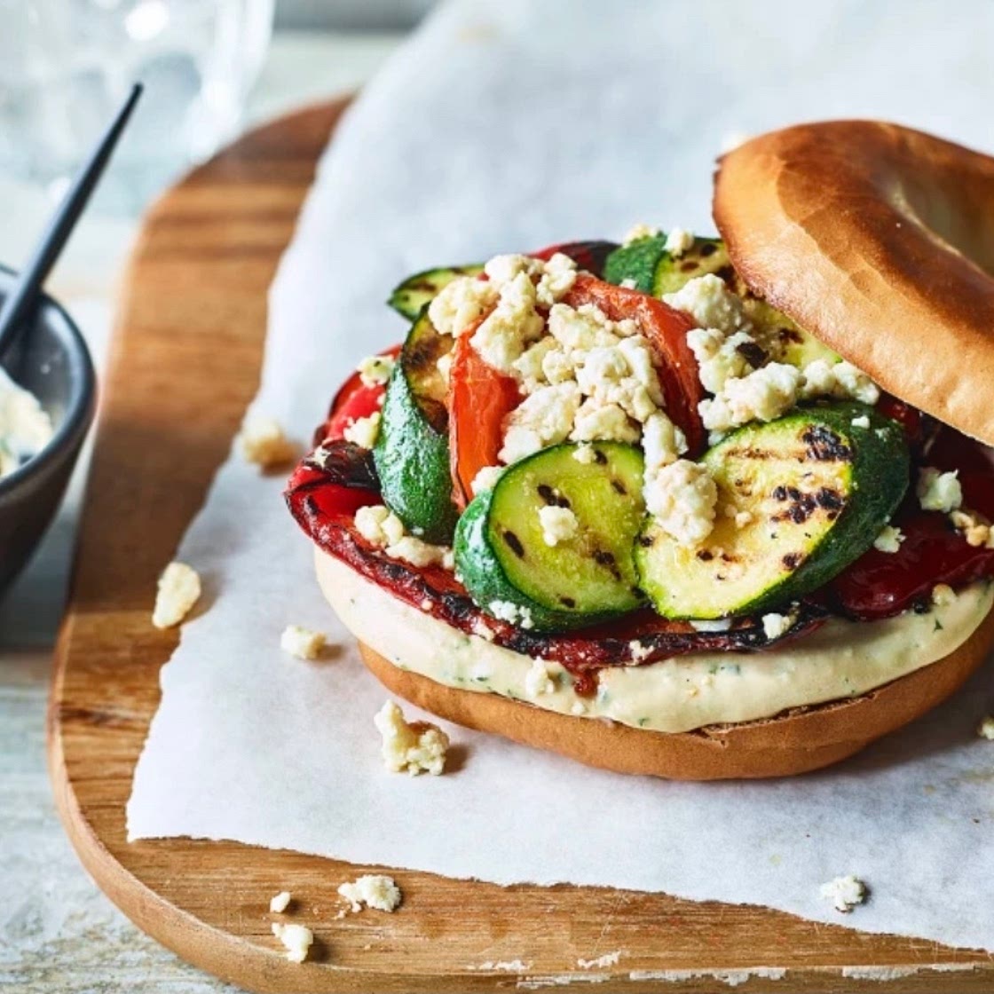 Roasted Vegetable and Hummus Bagel