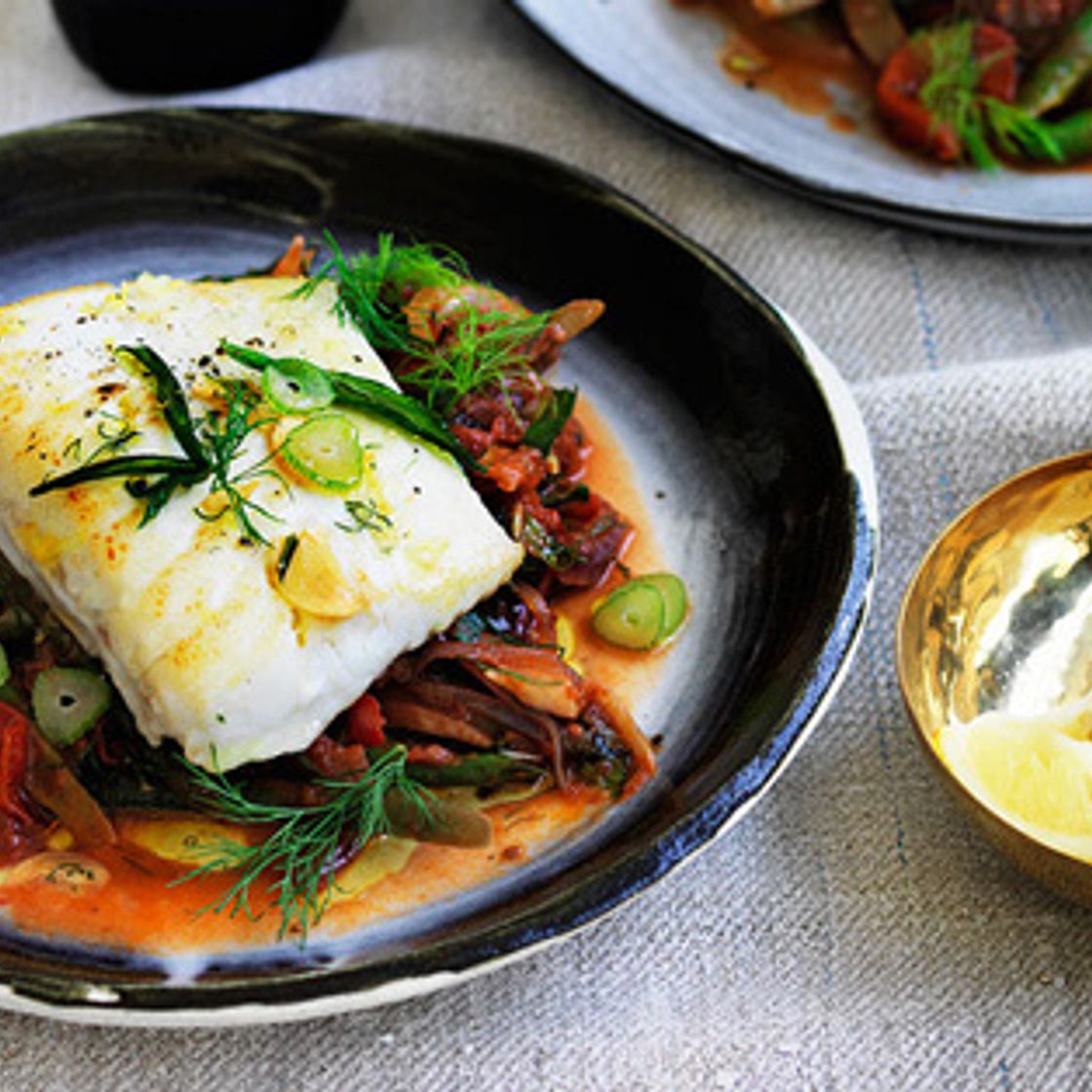 Barramundi with braised green beans, dill and mint
