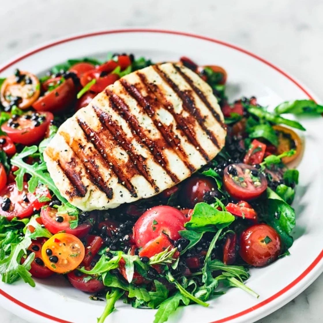 Grilled Halloumi, Pepper and Lentil Salad