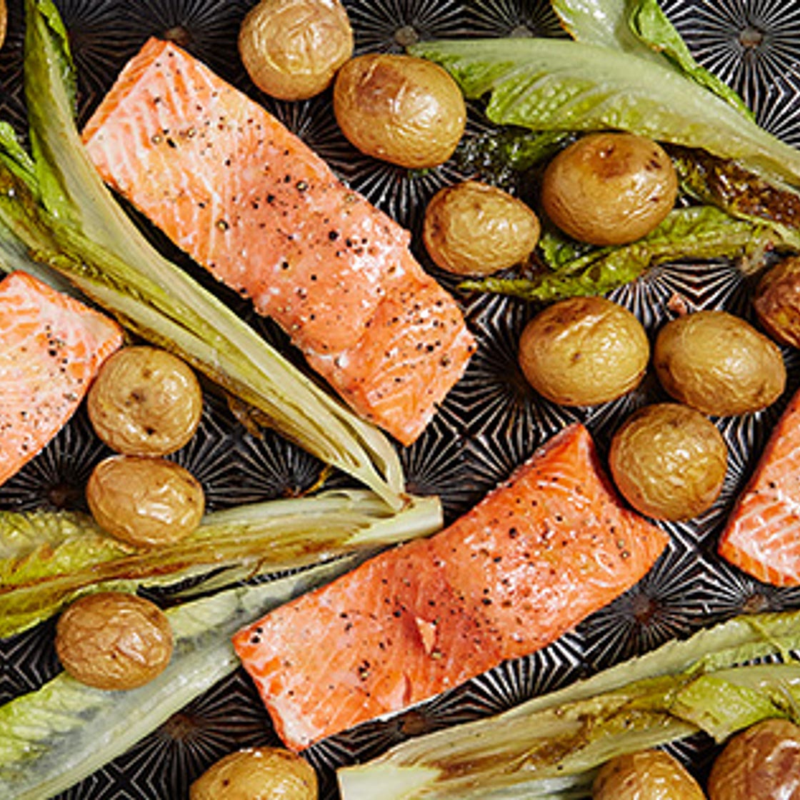 One-Pan Roasted Salmon with Potatoes and Romaine