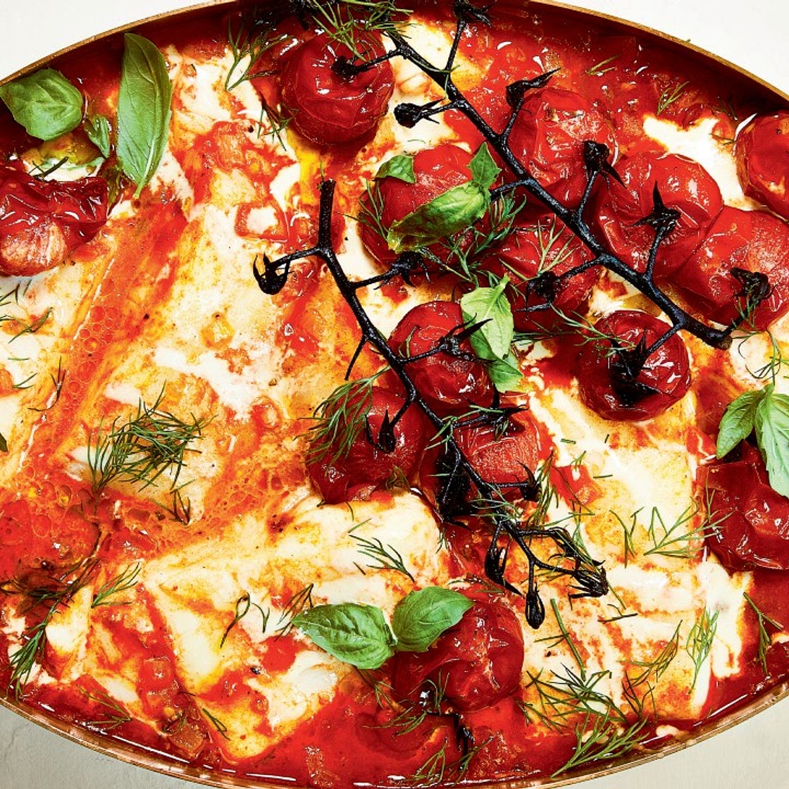 Braised Halibut With Roasted Cherry Tomatoes And Tahini (Chraime)