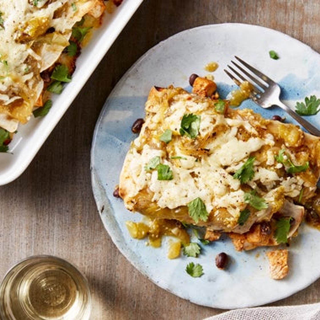 Cheesy Chicken & Black Bean Enchiladas with Salsa Verde