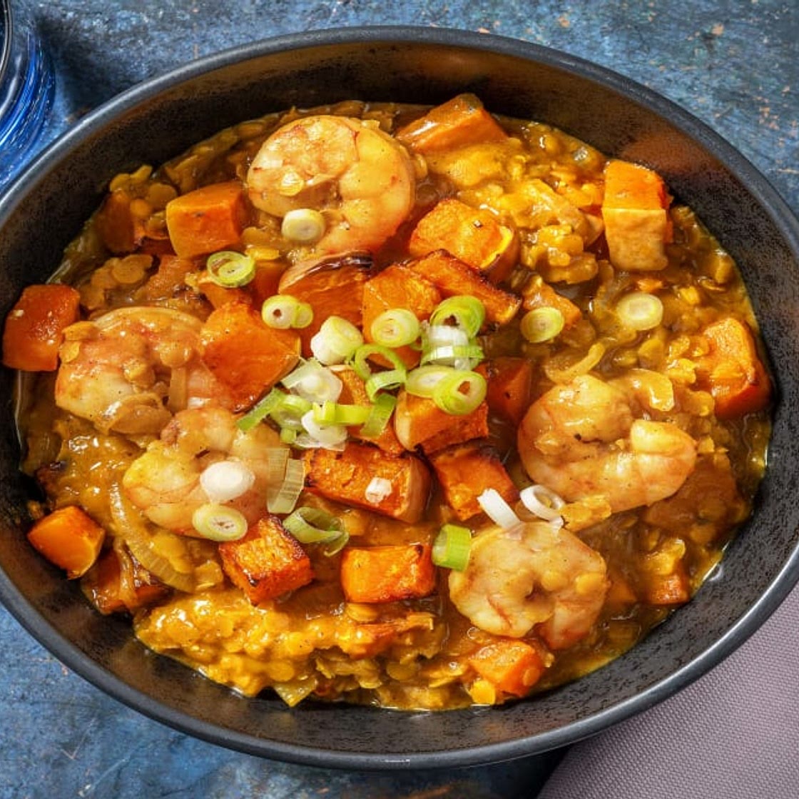 Prawn and Roasted Butternut Squash Dahl with Spring Onions