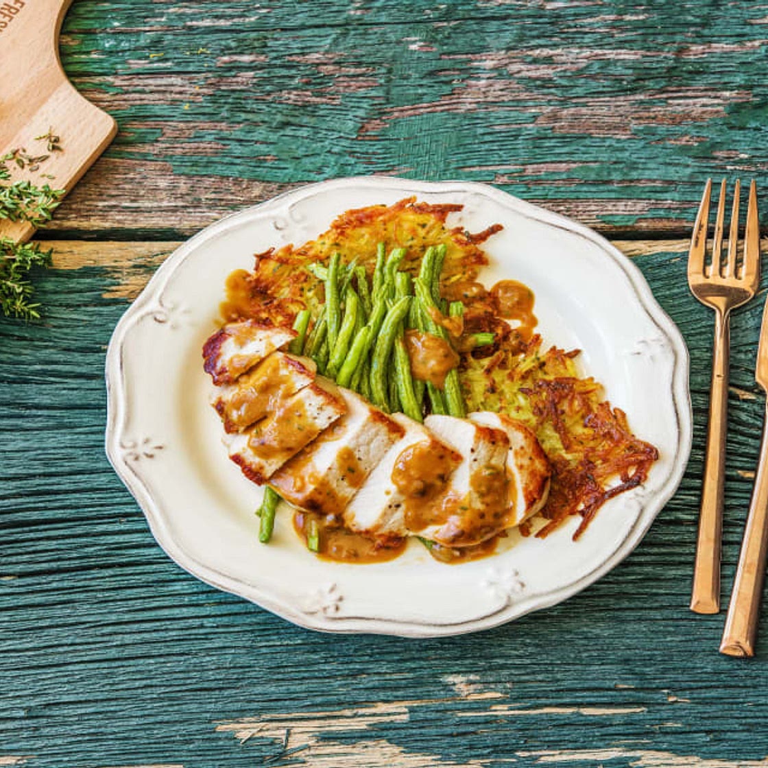 Mustard Pork Chops & Potato Rosti with Tender Green Beans