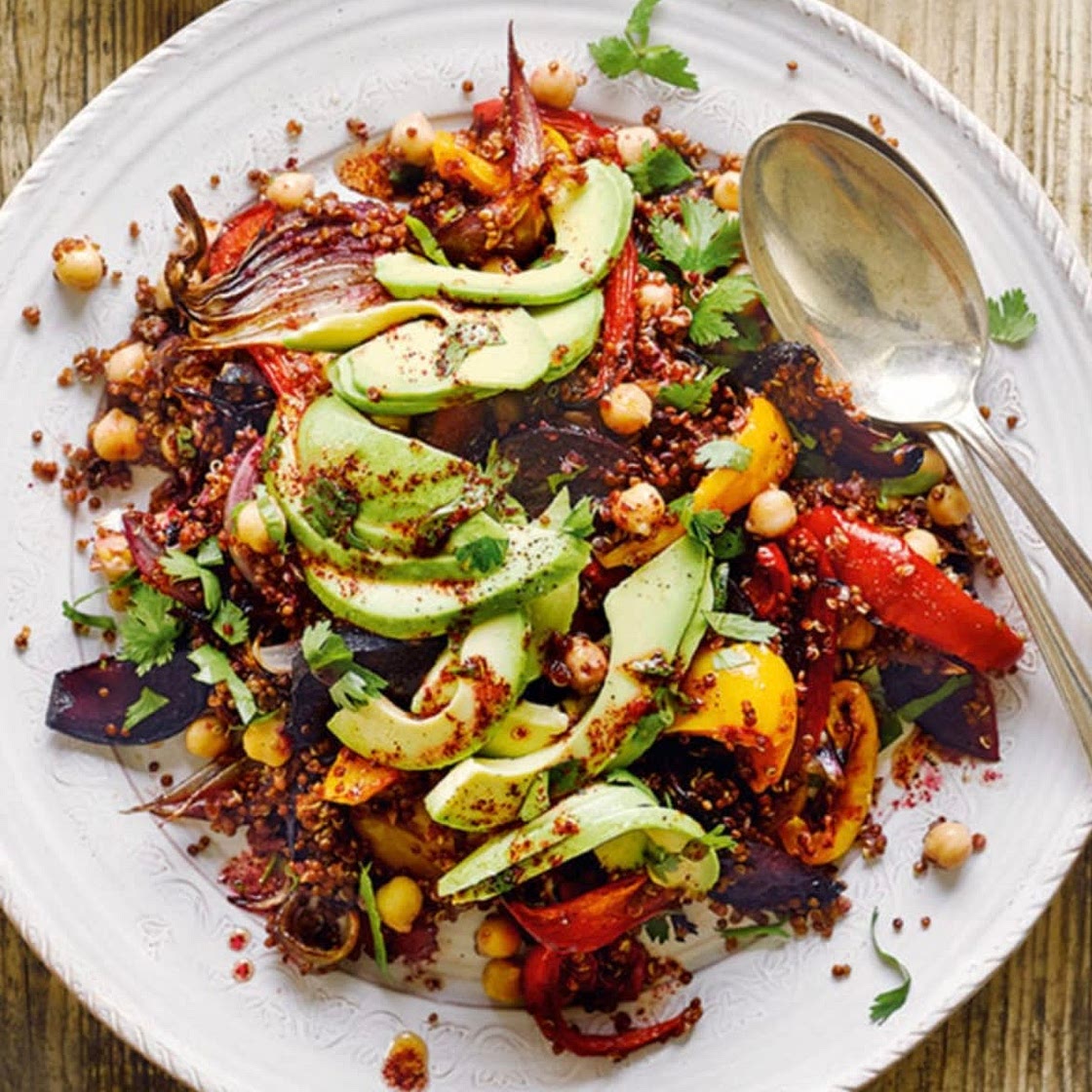 Roasted vegetable and chickpea quinoa salad