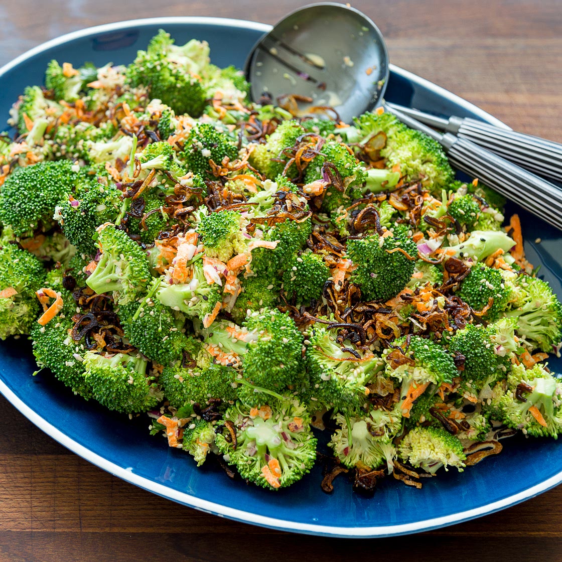 Whole30 Asian Broccoli Salad with Crispy Shallots