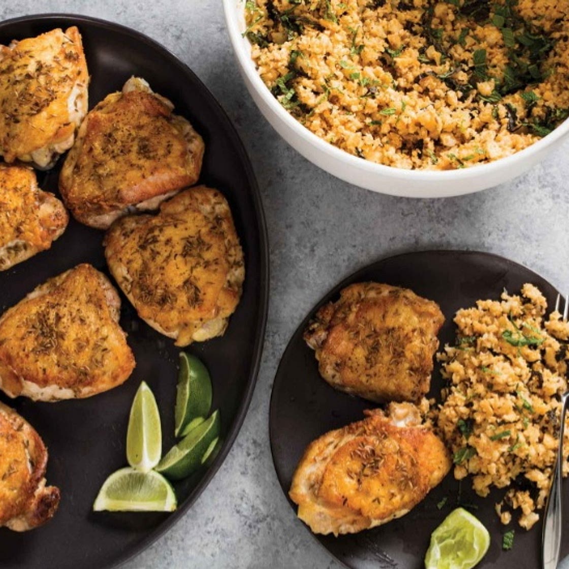cumin crusted chicken thigh with cauliflower rice
