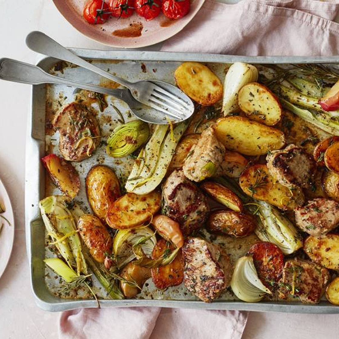 Pork, apple and leek traybake