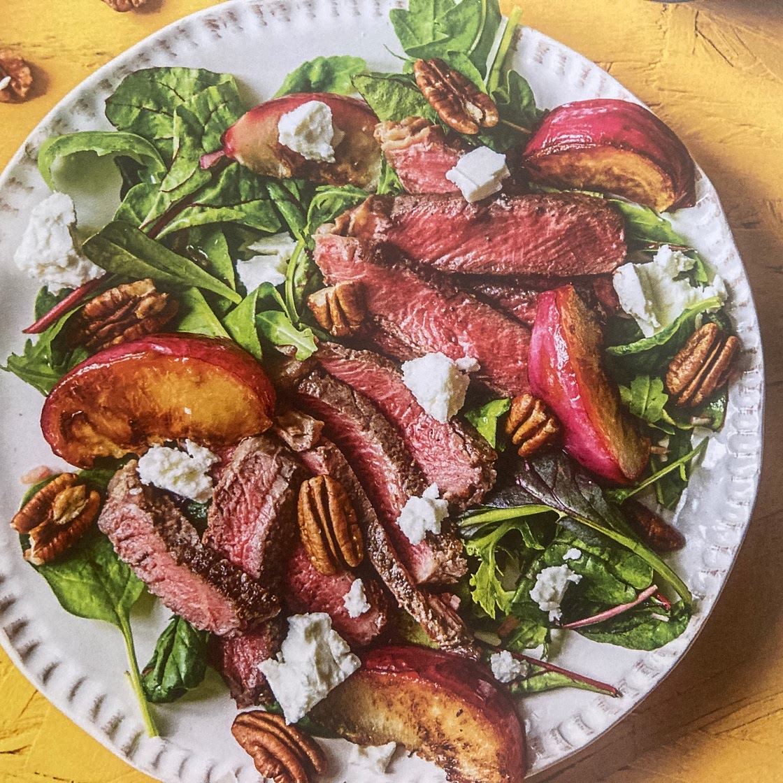 Steak and Nectarine Salad with Arugula, Pecans, and Feta Cheese