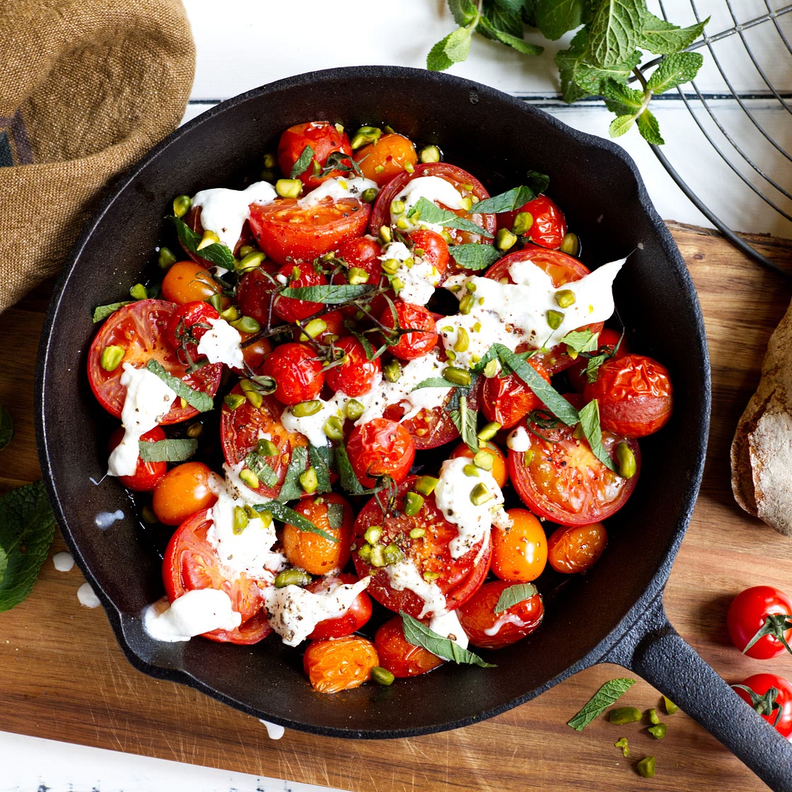 Honey Roasted tomatoes with burrata and pistachios