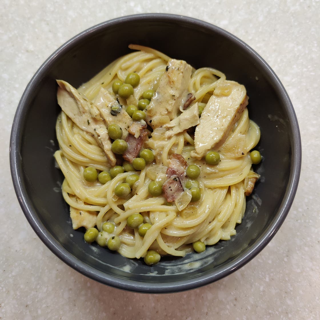 Pasta with Chicken, Bacon, and White Sauce