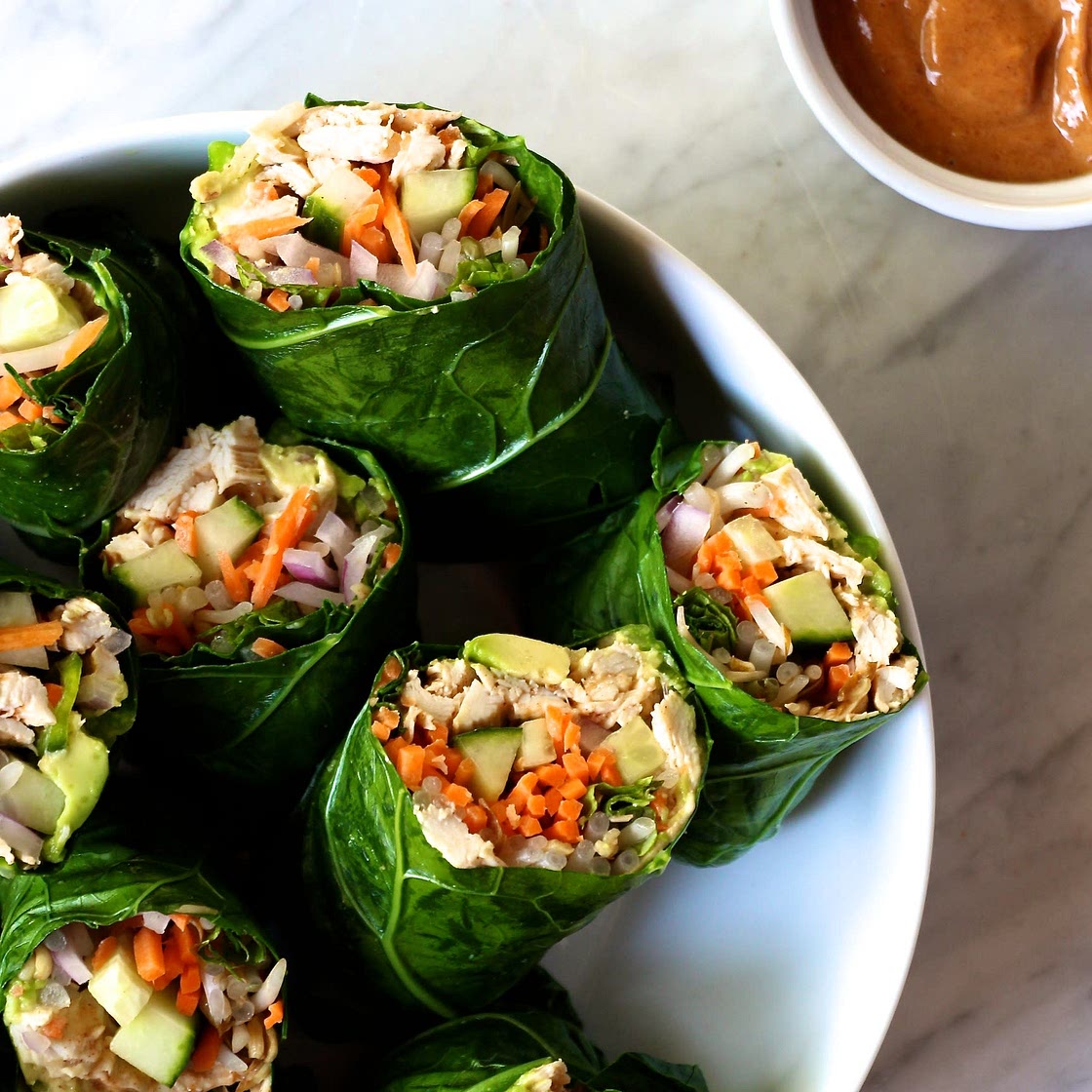 Whole30 Collard Green Spring Rolls with "Peanut" Sauce