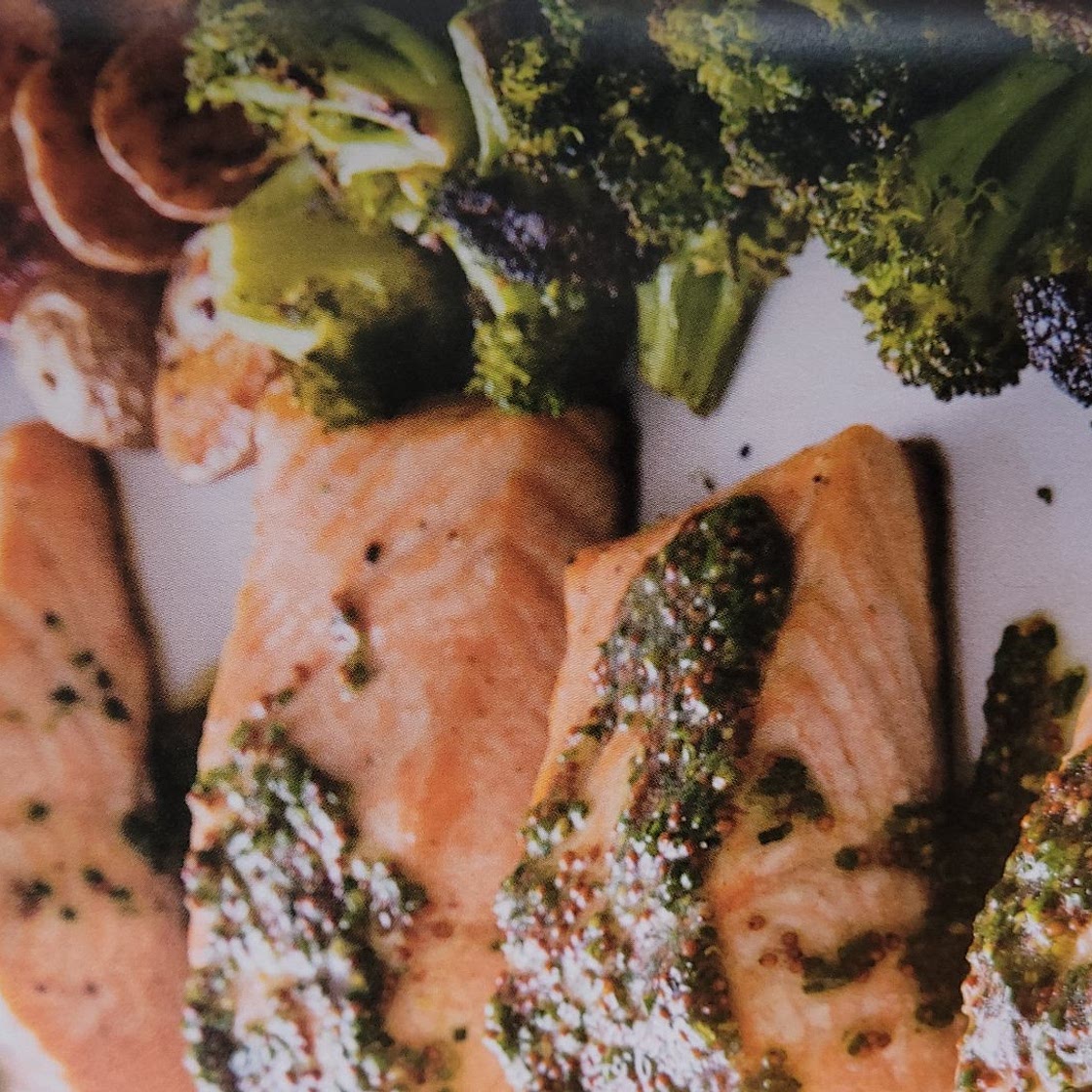 Roasted Salmom, Broccoli, and Potatoes with Whole Grain Mustard Sauce