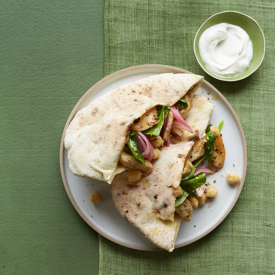 Spinach, Chickpea, and Grilled Chicken Pitas