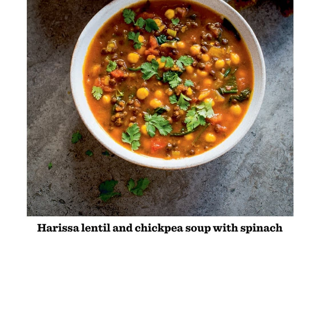 Harissa lentil and chickpea soup with spinach