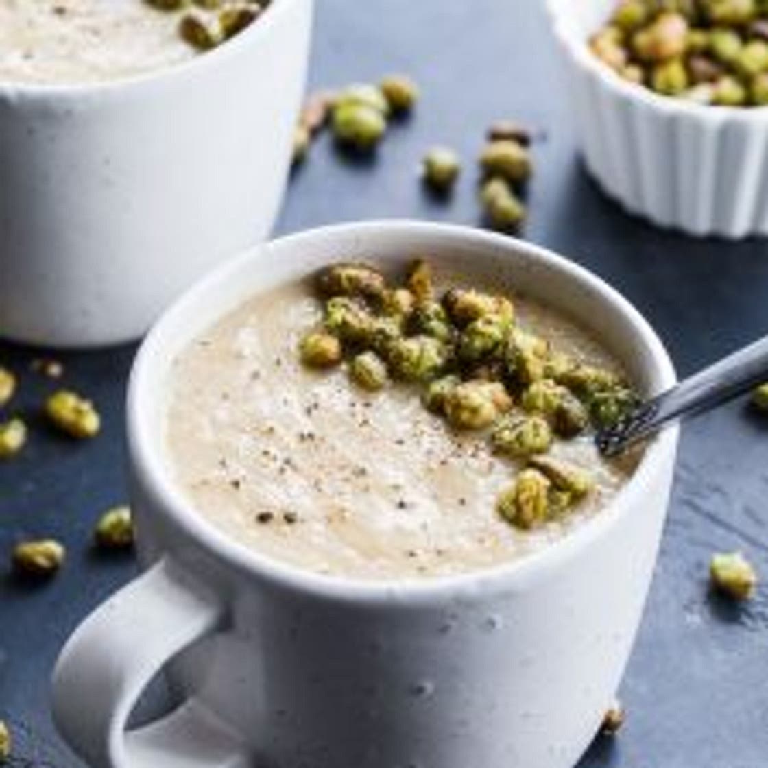 Roasted Pear and Parsnip Soup with Crispy Edamame