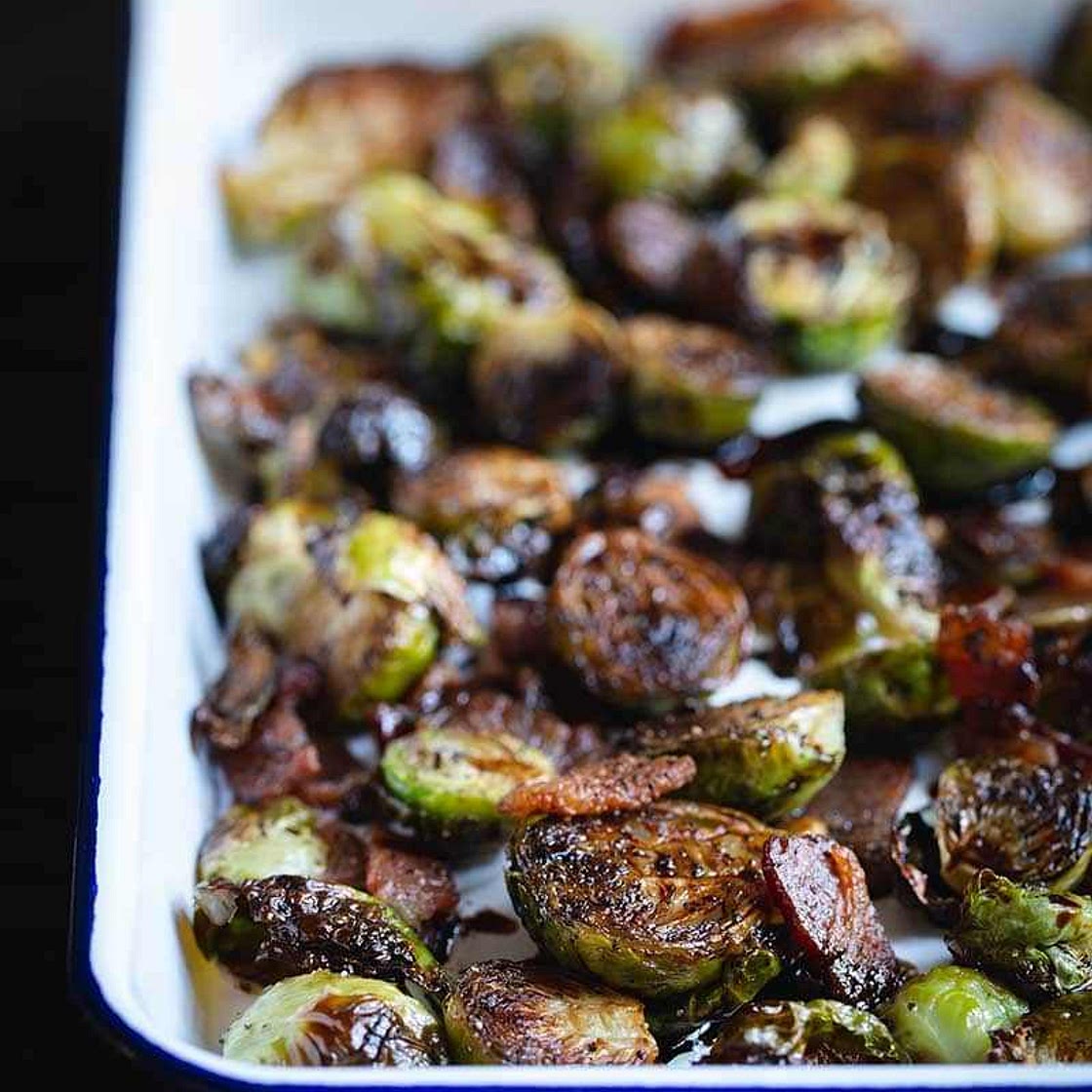 Roasted Brussels Sprouts with Bacon, Parmesan, and Balsamic Reduction
