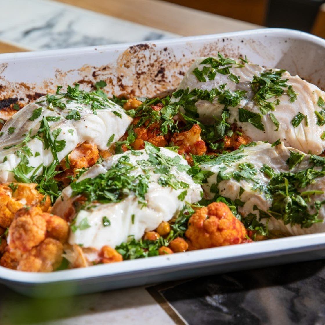 Roast Cod with Harissa, Chickpeas and Cauliflower