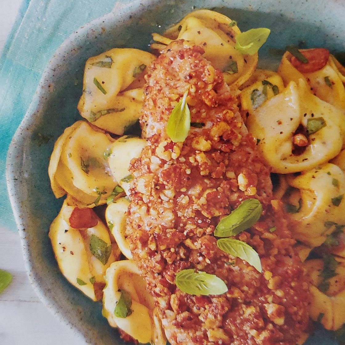 Pecan-Crusted Chicken and Tortellini with Herbed Butter Sauce