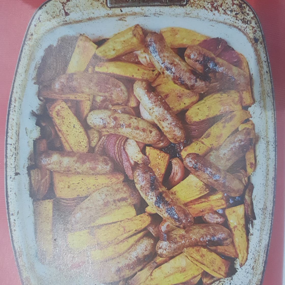 SMOKY SAUSAGE, SWEET POTATO & RED ONION TRAYBAKE