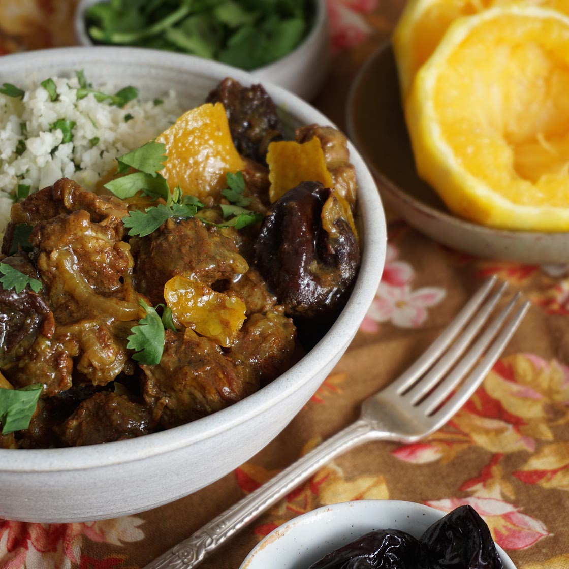 LAMB TAGINE WITH ORANGE AND PRUNES, CILANTRO “BUTTER COUSCOUS” {AIP, GAPS, SCD, PALEO}