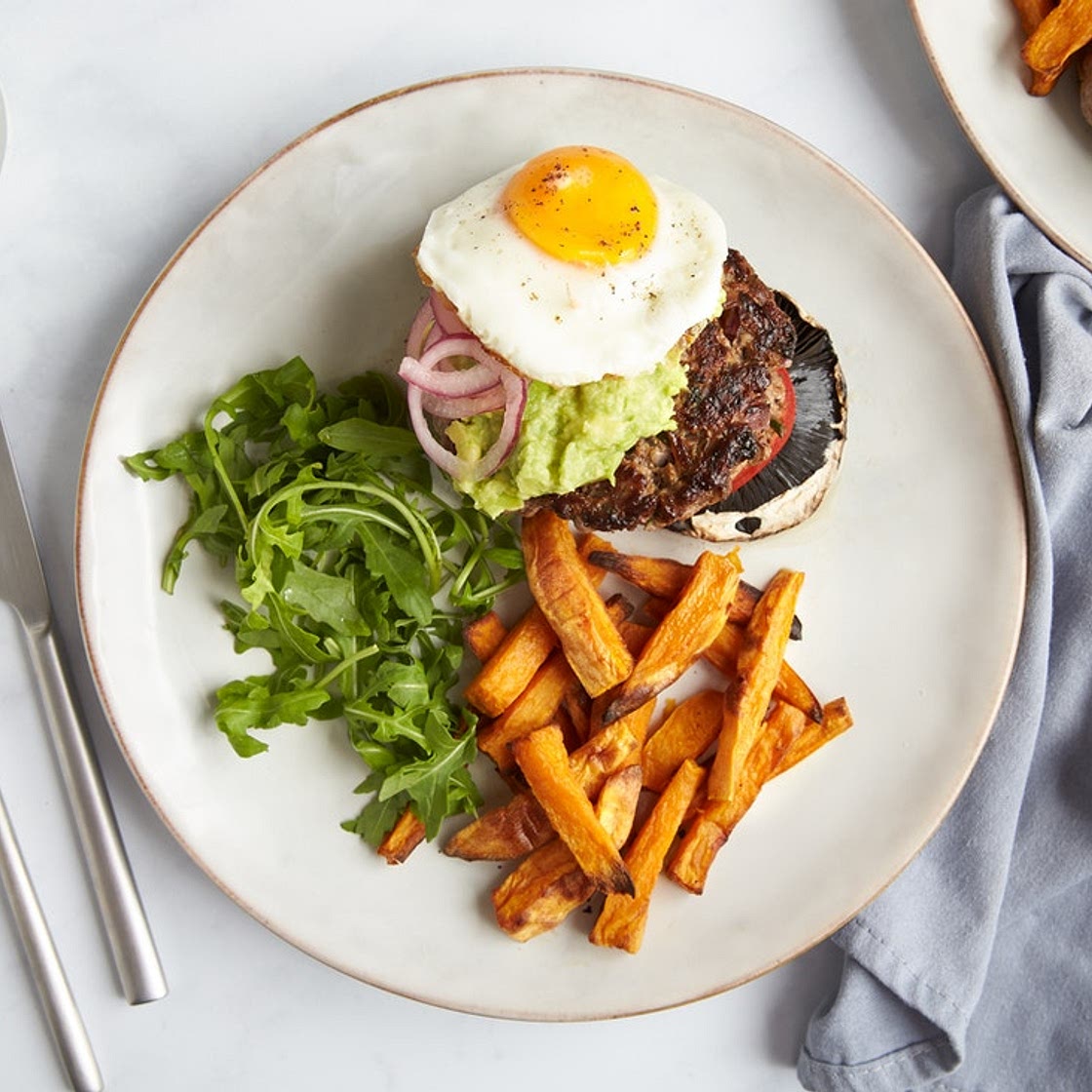 MC - Mindful burger, fried egg & sweet potato fries
