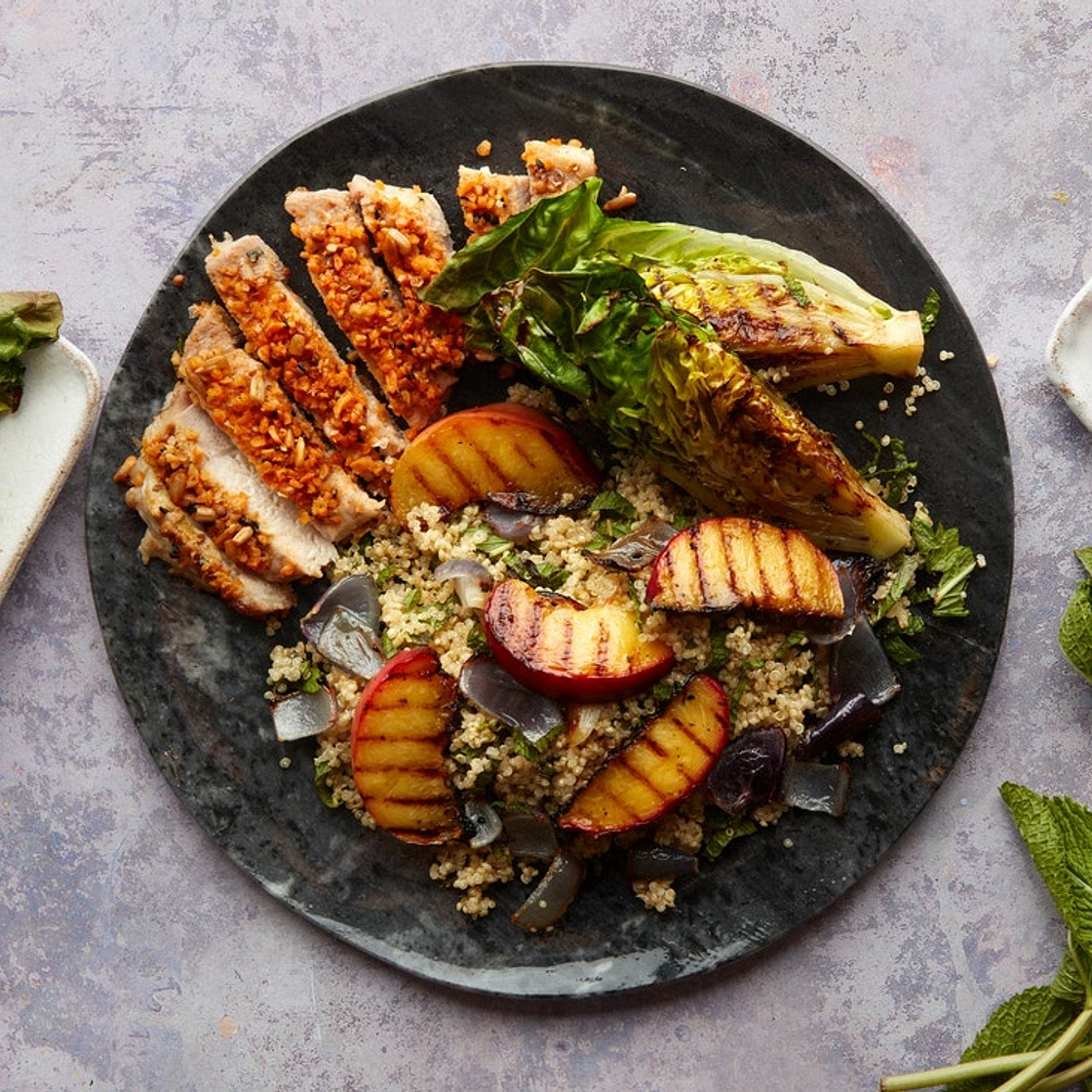 MC - Dukkah pork with plums & charred lettuce