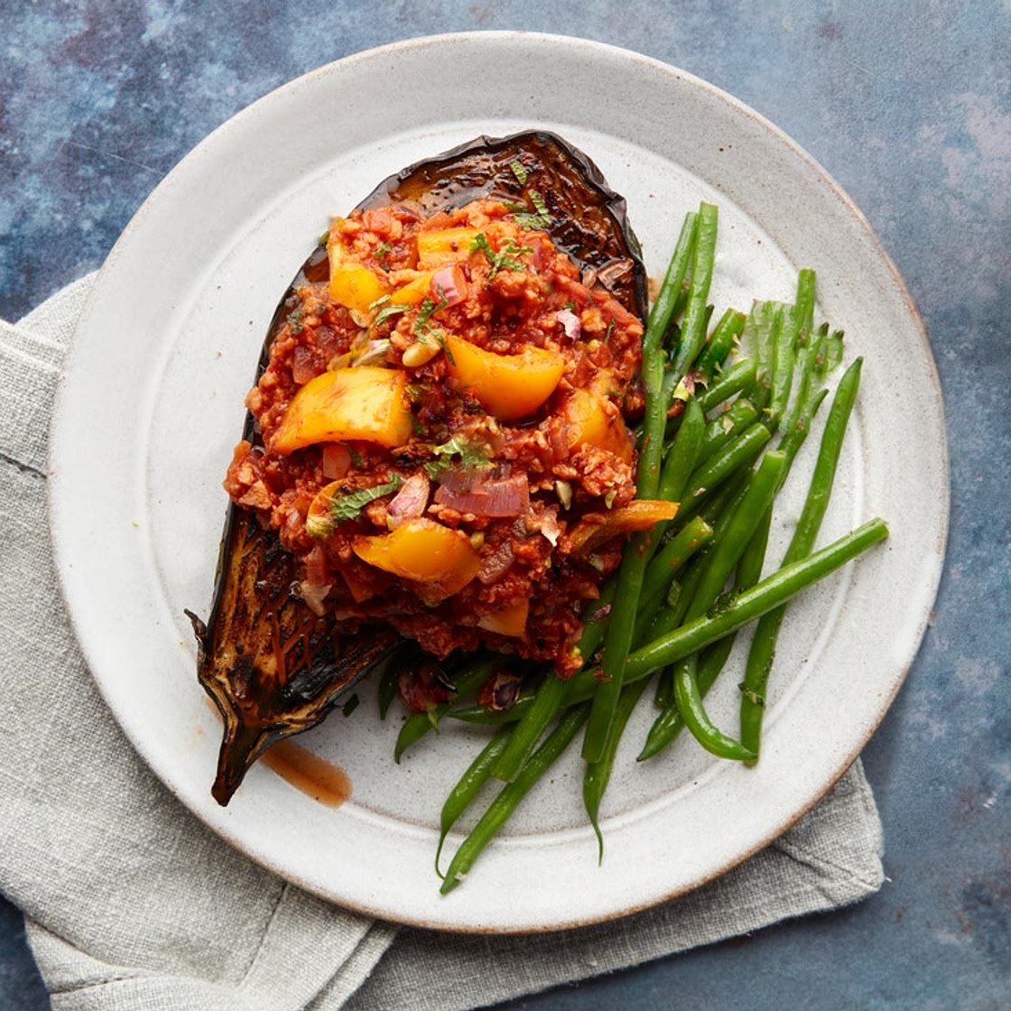 MC - Middle Eastern tempeh 'mince' stuffed aubergine
