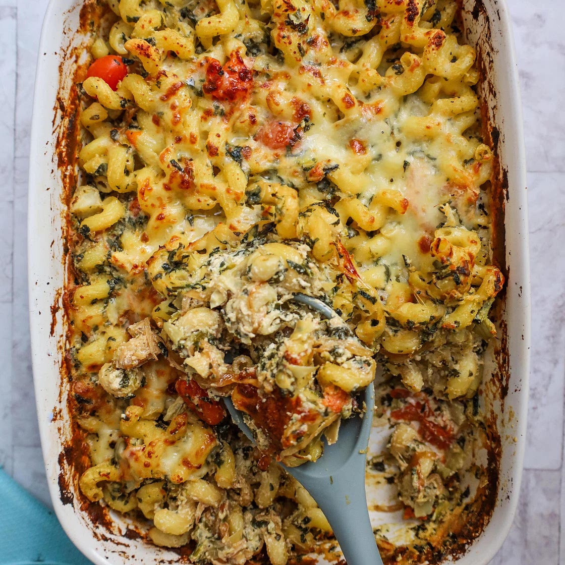 Cheesy Spinach Artichoke Pasta with Blistered Tomatoes and Caramelized Onions