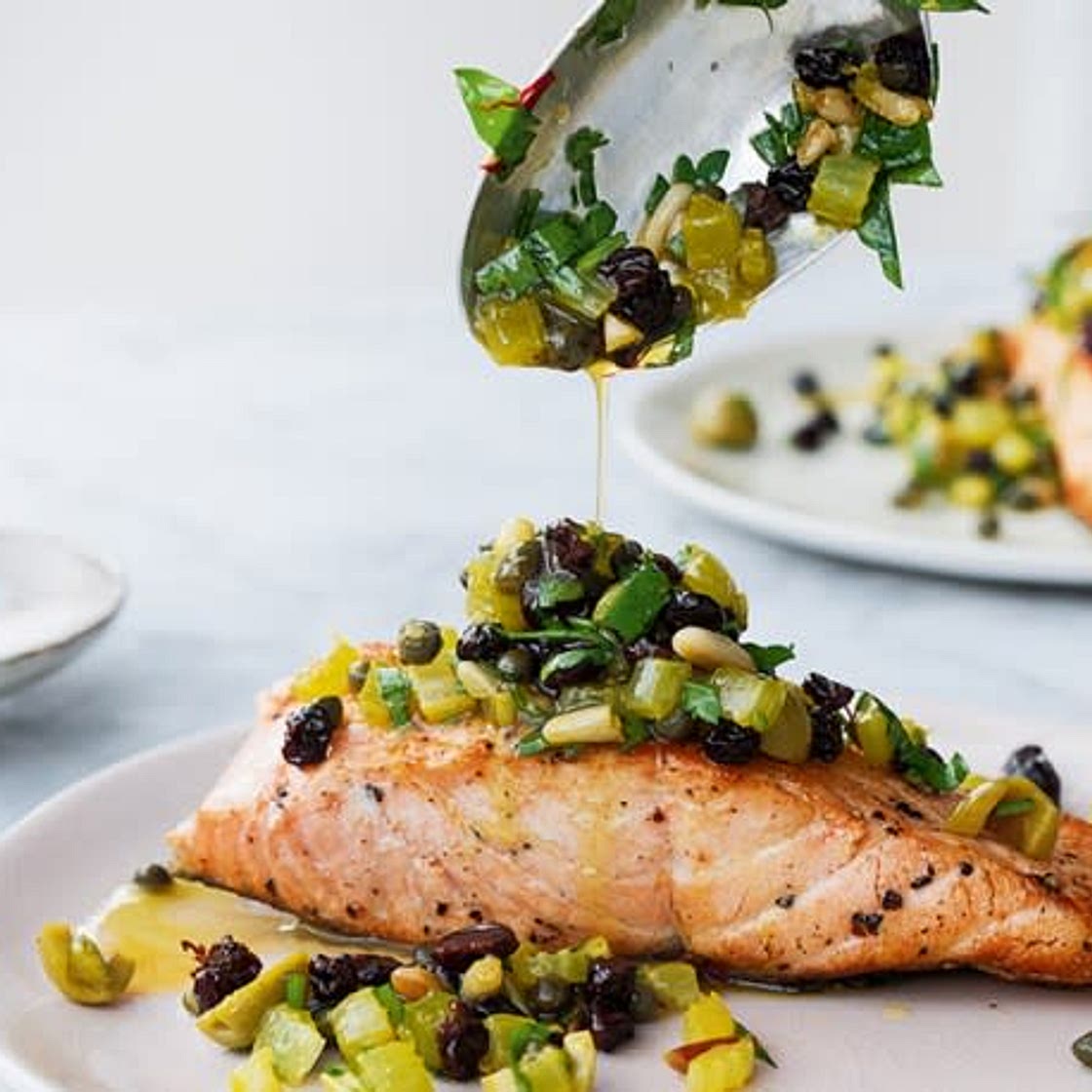 Ottolenghi Bridget Jones' Pan-Fried Salmon with Pine Nut Salsa