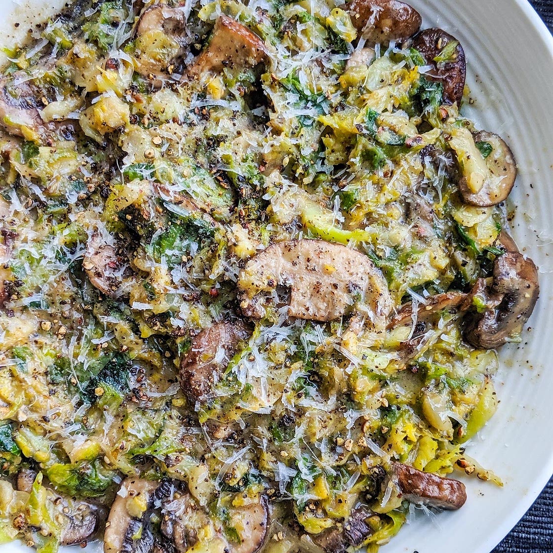 Cacio e Pepe Brussels Sprouts and Mushrooms