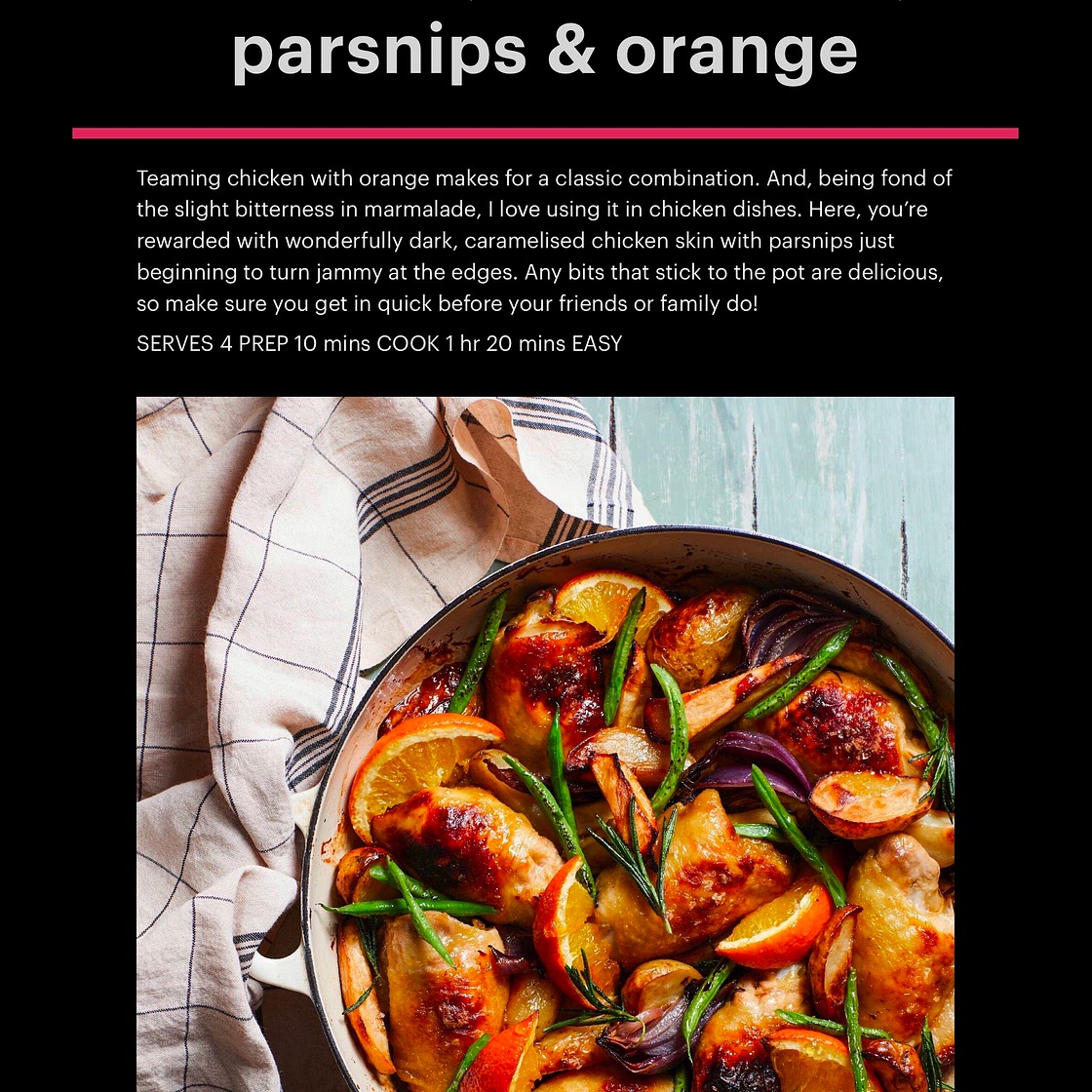 Roast chicken with mustard, marmalade, parsnips & orange