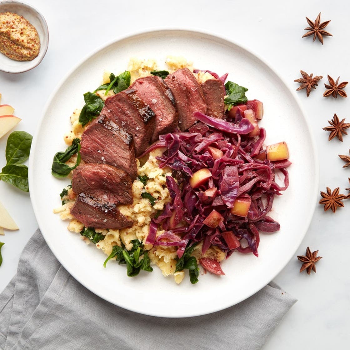 MC - Venison with braised red cabbage & parsnip mash