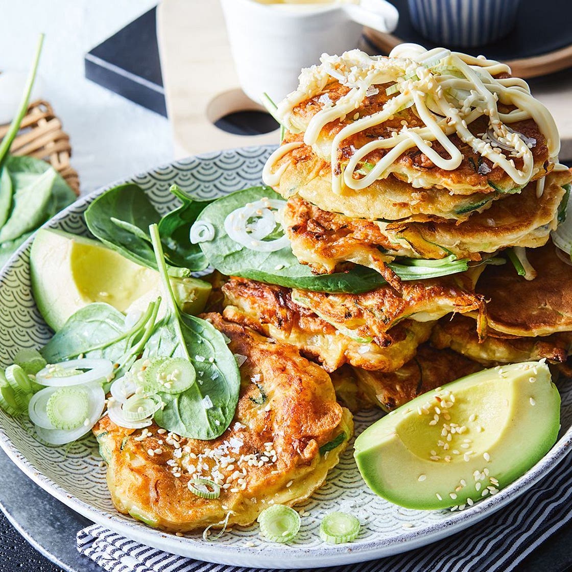 Okonomiyaki Japanese pancakes with prawns