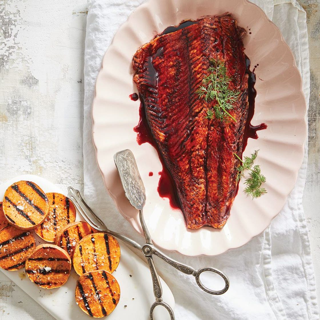 Cherry-Glazed Trout with Sweet Potato Coins