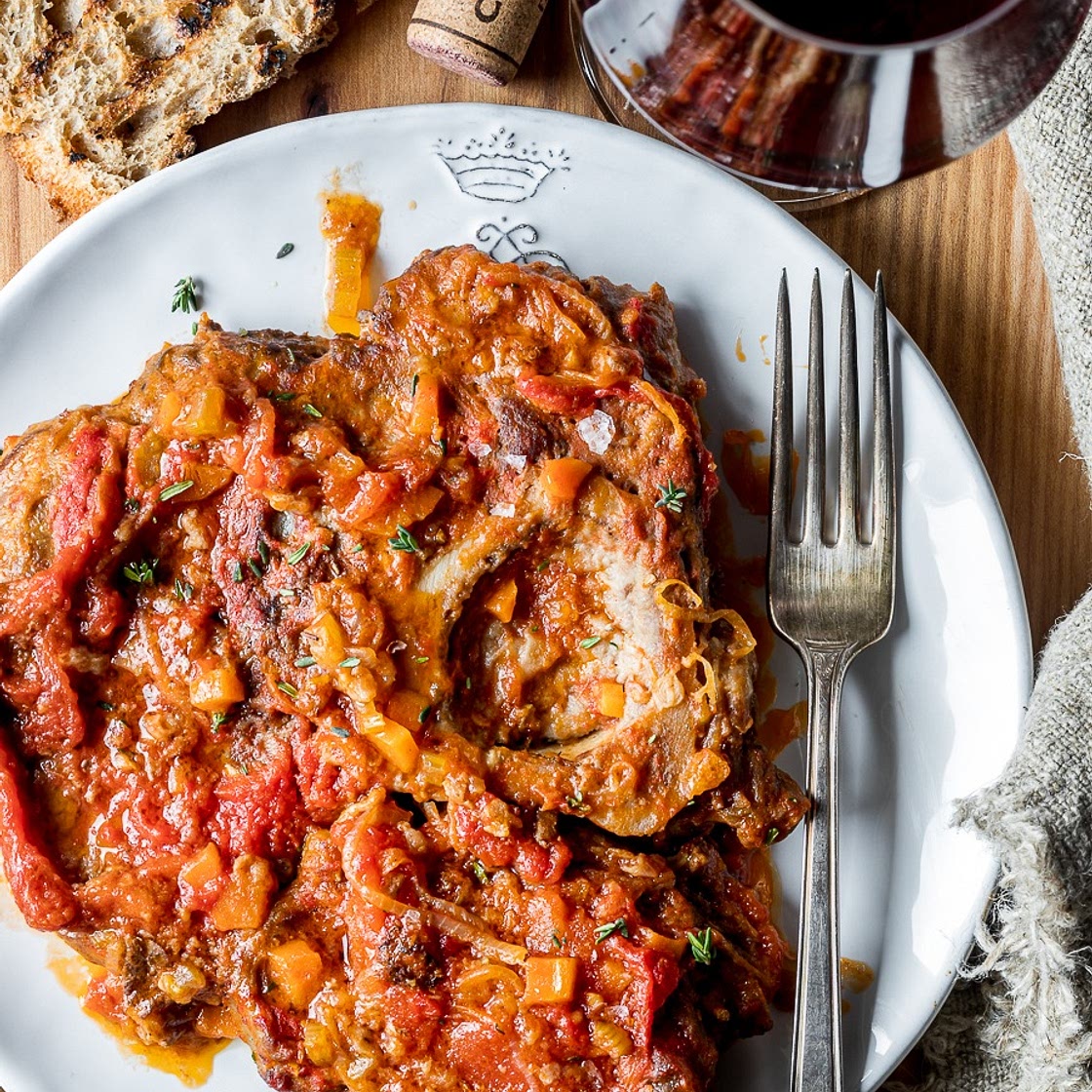 Ossobuco alla Fiorentina. Braised veal shank with tomato sauce