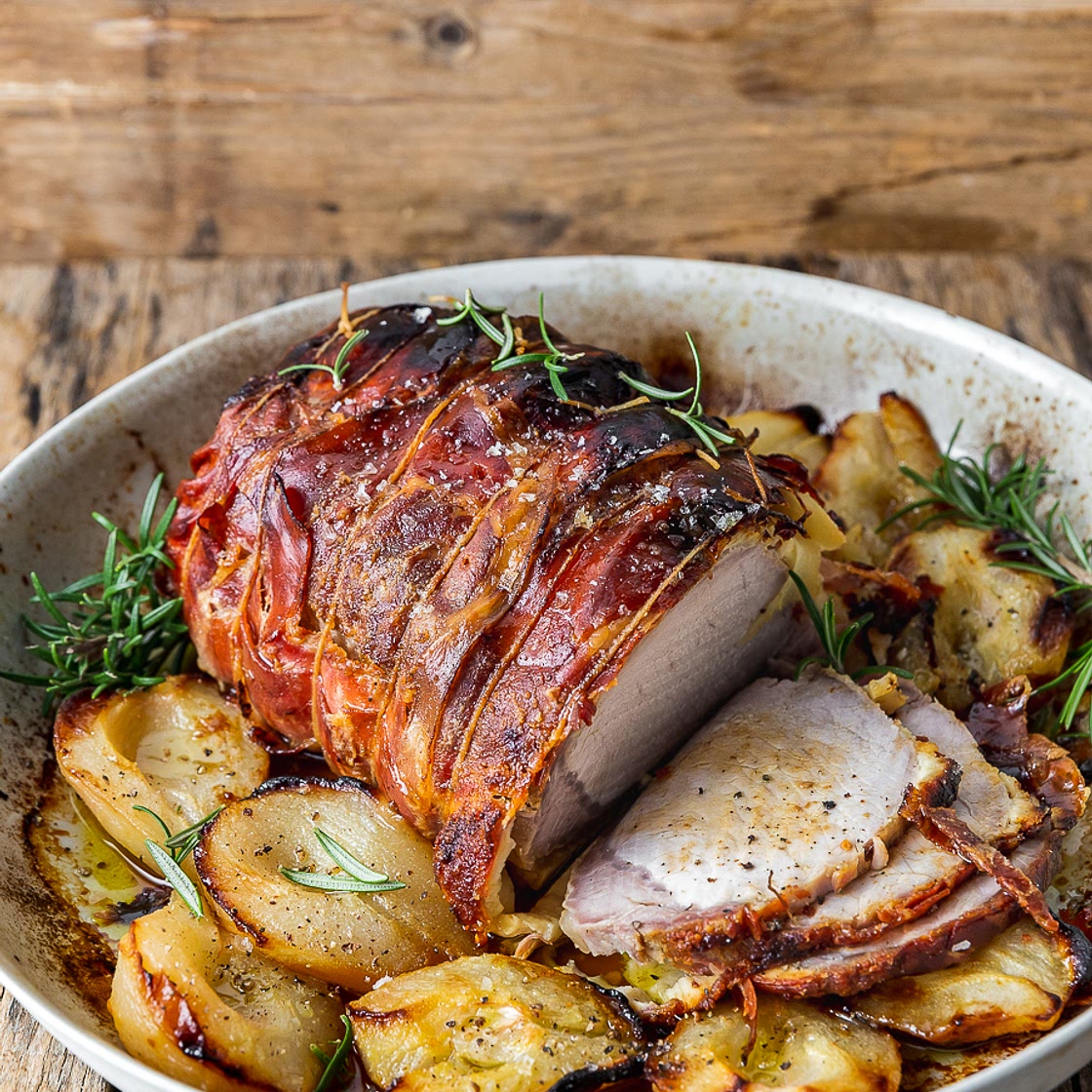 Roast pork loin with pears and pecorino cheese