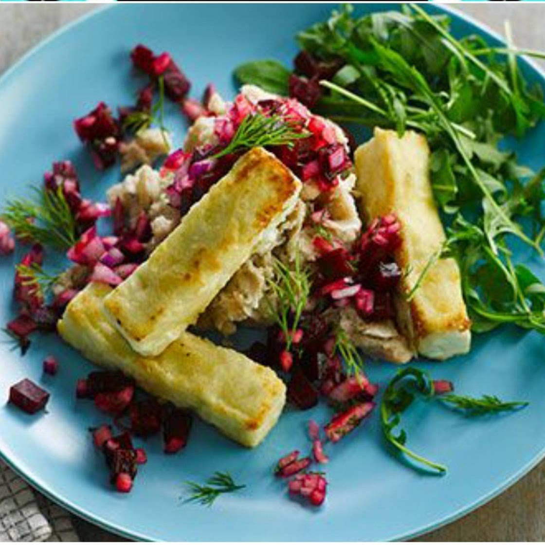 Pan-cooked feta with beetroot salsa & bean mash