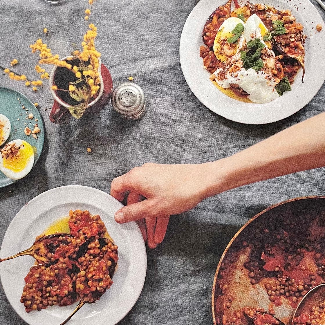 Roast Aubergines, Lentils, Soft-boiled Egg, Garlic Yoghurt & Duk