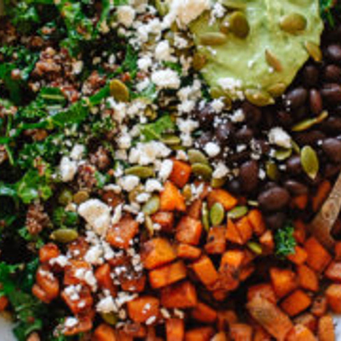 Southwestern Kale Power Salad with Sweet Potato, Quinoa & Avocado Sauce