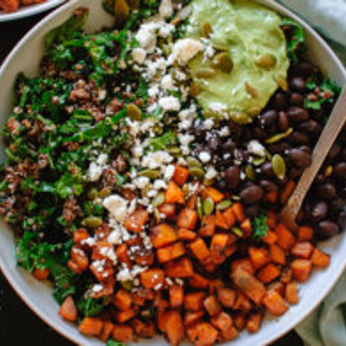 Southwestern Kale Power Salad with Sweet Potato, Quinoa & Avocado Sauce