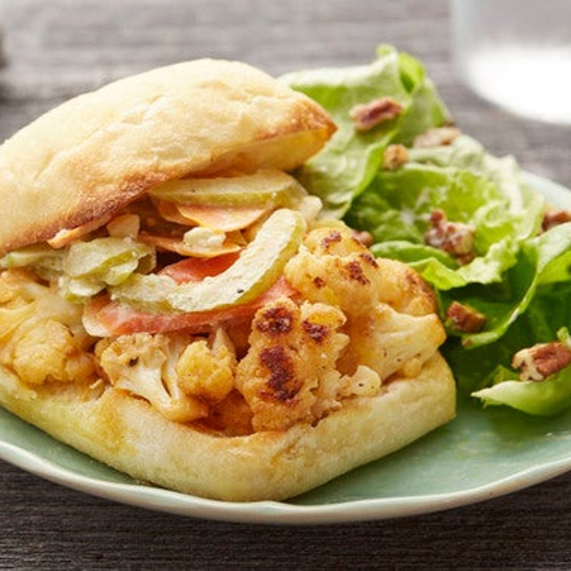 Buffalo Cauliflower Sandwiches with Butter Lettuce & Pecan Salad