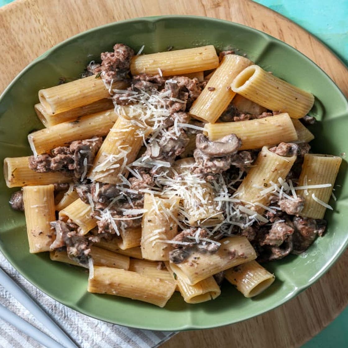 Lamb and Mushroom Rigatoni with a Creme Fraiche Sauce