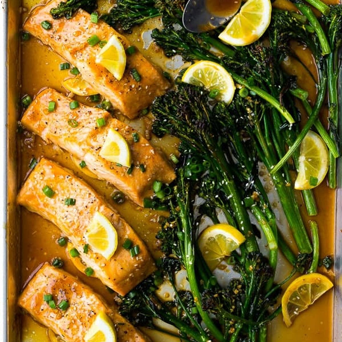 Sheet Pan Honey Lemon Sheet Pan Salmon and Broccolini
